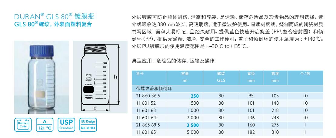 GLS80 镀膜瓶,肖特,1160163 （1000ml）