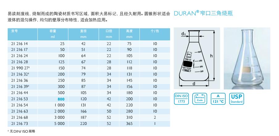 窄口三角烧瓶,肖特,2121653 （800ml）