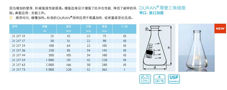 厚壁三角烧瓶(窄口,瓶口加固),肖特,2121744 (500ml)