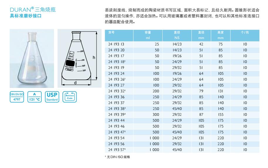 三角烧瓶（具标准磨砂接口）,肖特,2419356 （1000ml）