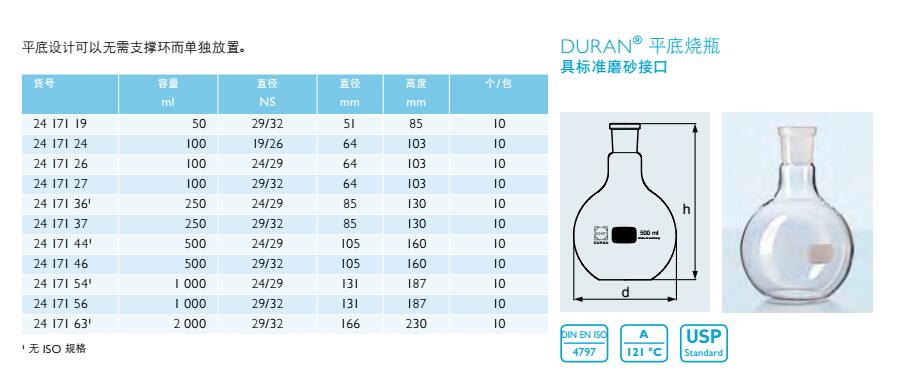 平底烧瓶（具标准磨砂接口）,肖特,2417126 （100ml）