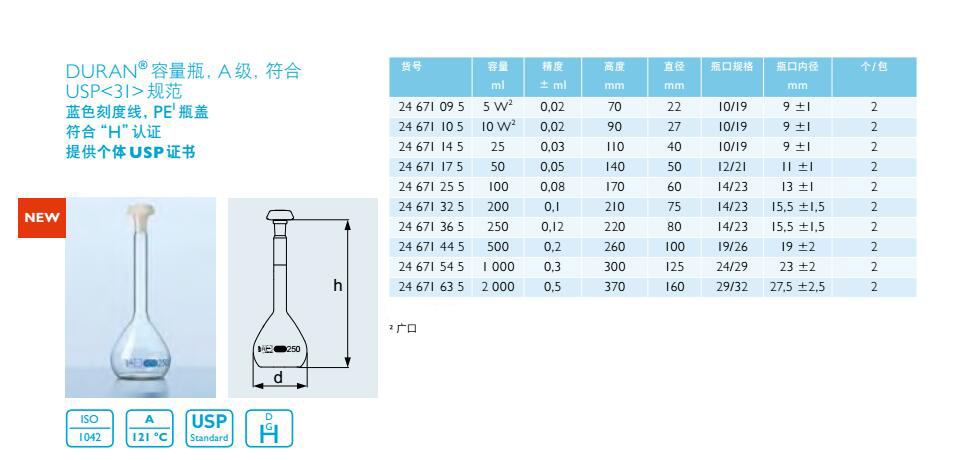 容量瓶（蓝色刻度线，提供个体USP证书）,肖特,24671105 （10ml，广口）