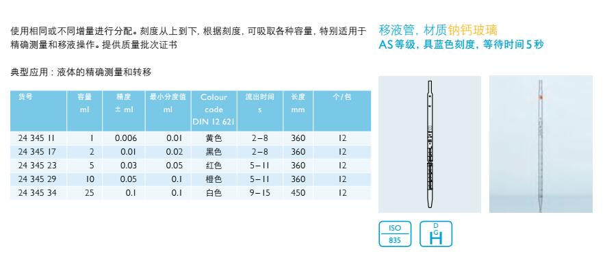 移液管(材质钠钙玻璃,具蓝色刻度,等待时间5s),肖特,2434523 (5ml)