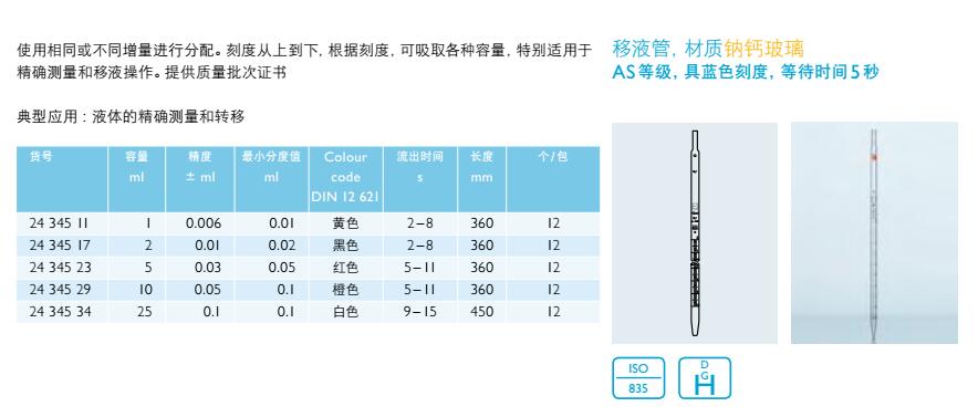 移液管（材质钠钙玻璃，具蓝色刻度，等待时间5s）,肖特,2434523 （5ml）