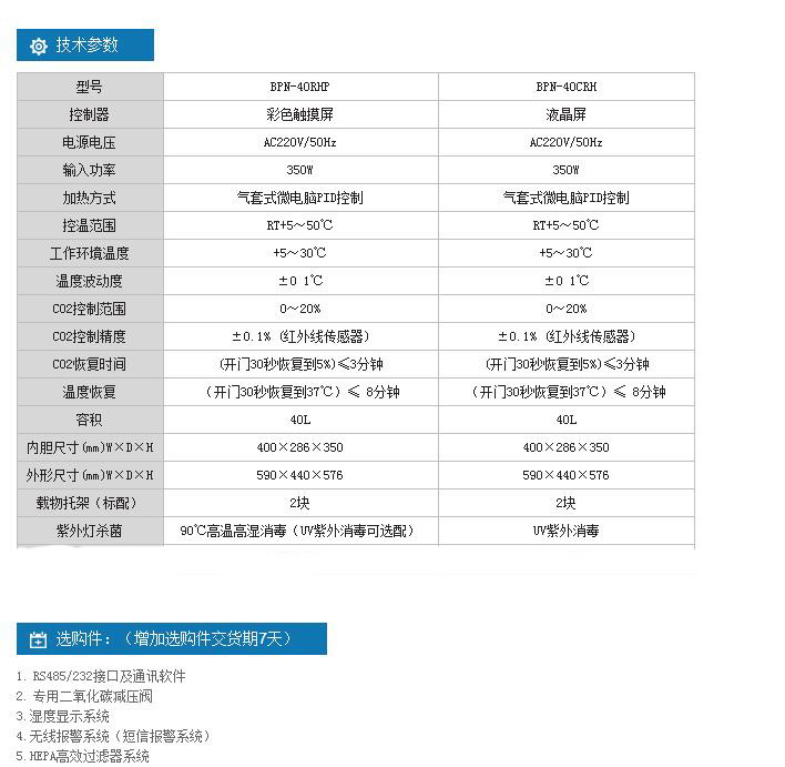 二氧化碳培养箱-小规格,一恒,BPN-40RHP （彩色触摸屏）