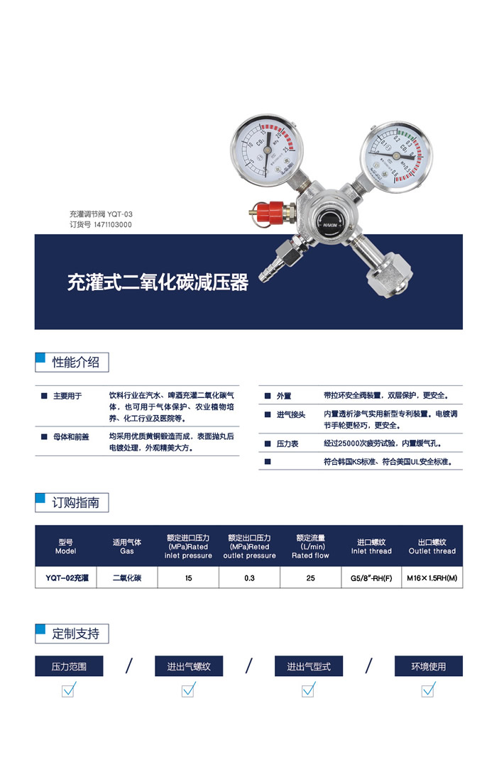 充灌式二氧化碳减压器,华青,YQT-02充灌