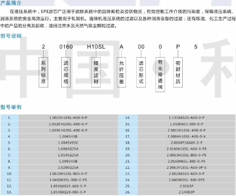 EPE滤芯,利菲尔特,1.0540AS20-000-0-P