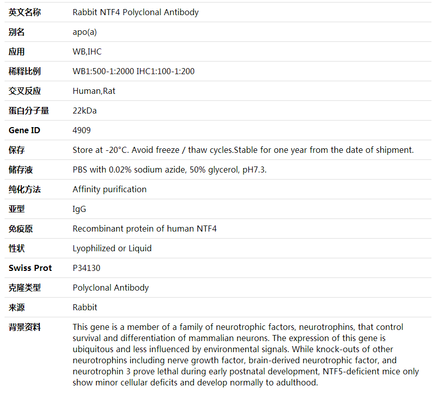 Anti-NTF4 Polyclonal Antibody,索莱宝,K002090P-100ul