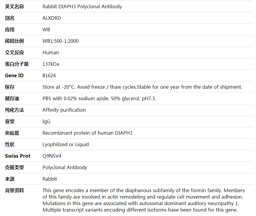 Anti-DIAPH3 Polyclonal Antibody,索莱宝,K001954P-100ul