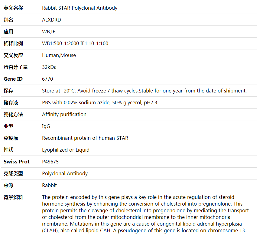 Anti-STAR Polyclonal Antibody,索莱宝,K001953P-30ul