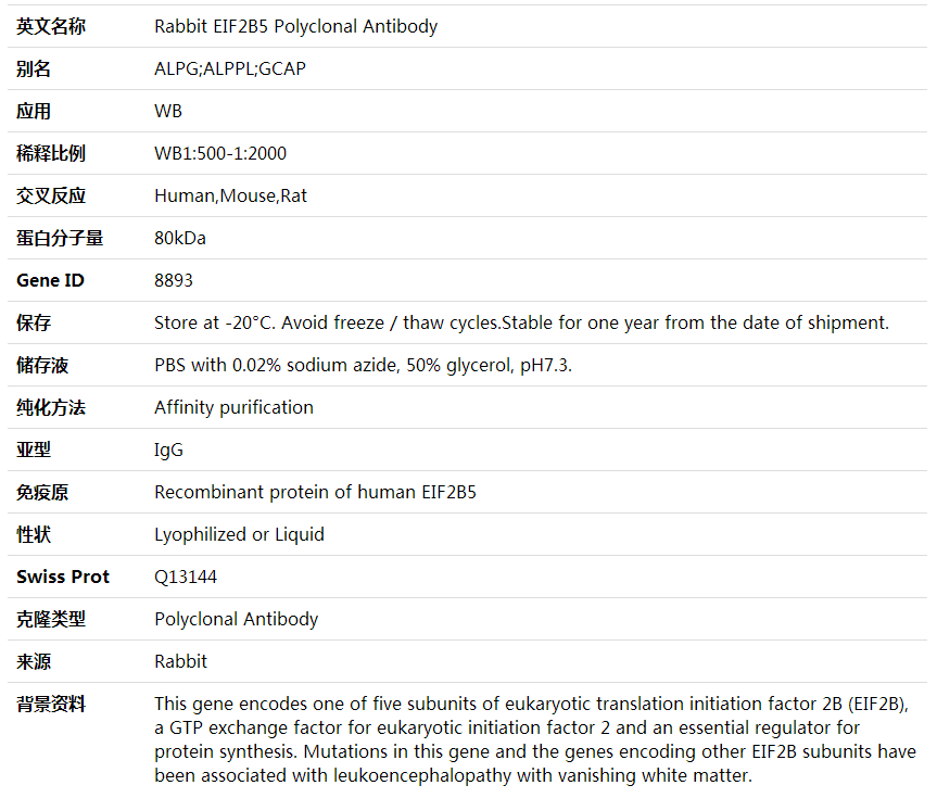 Anti-EIF2B5 Polyclonal Antibody,索莱宝,K001911P-30ul
