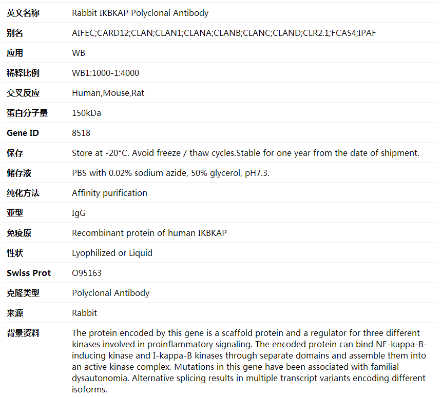 Anti-IKBKAP Polyclonal Antibody,索莱宝,K001852P-50ul