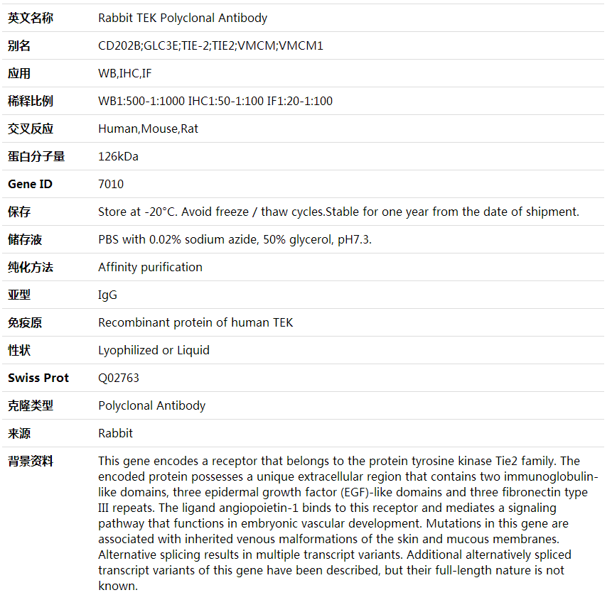 Anti-TEK Polyclonal Antibody,索莱宝,K001744P-50ul