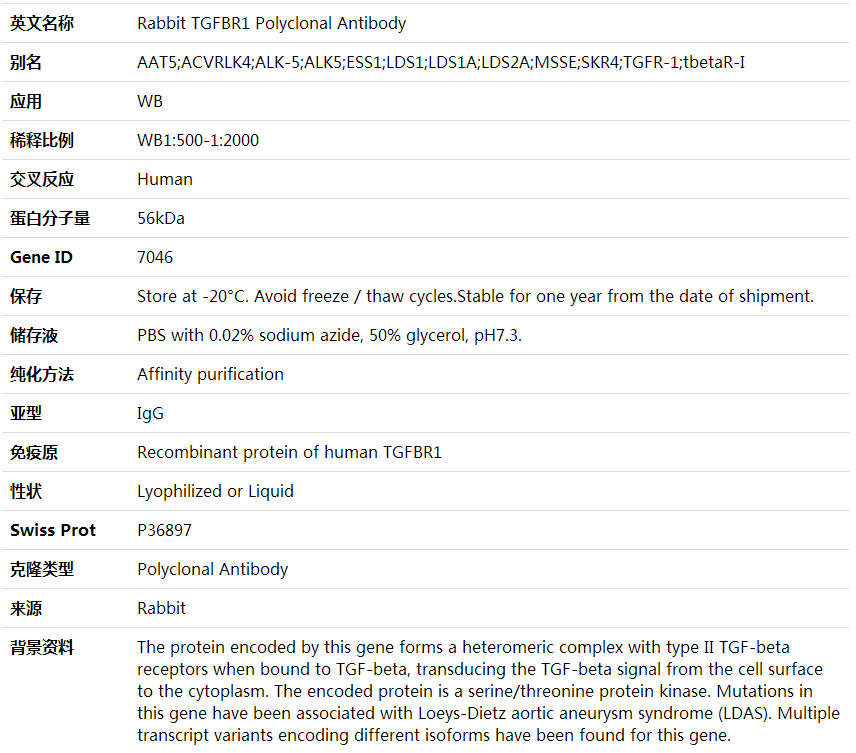 Anti-TGFBR1 Polyclonal Antibody,索莱宝,K001737P-50ul