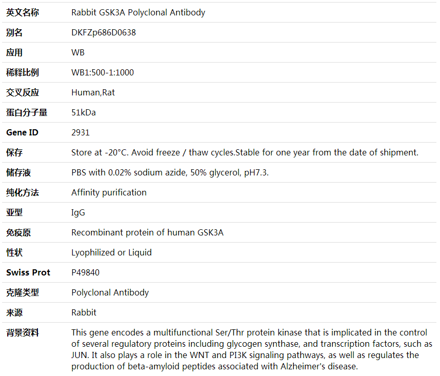 Anti-GSK3A Polyclonal Antibody,索莱宝,K001717P-50ul