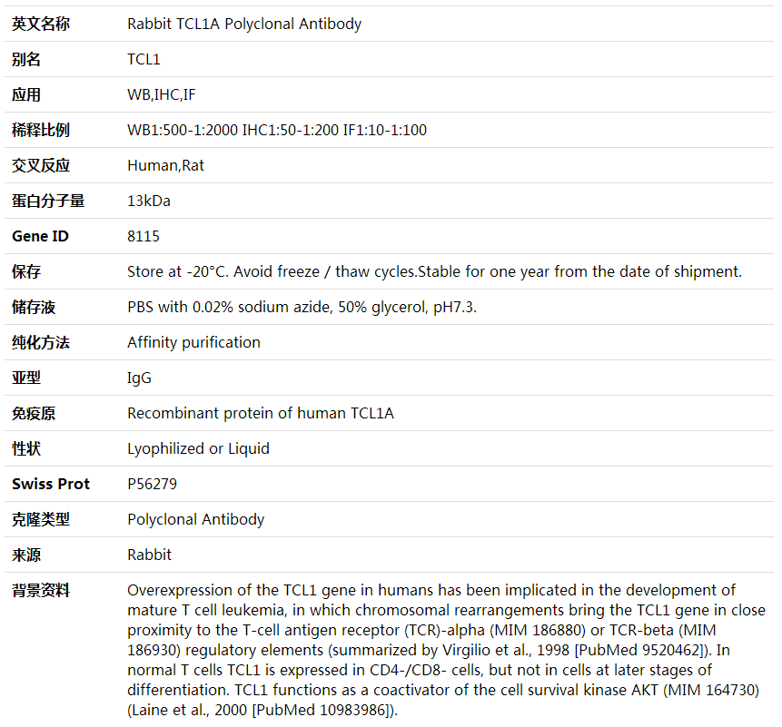 Anti-TCL1A Polyclonal Antibody,索莱宝,K001714P-50ul