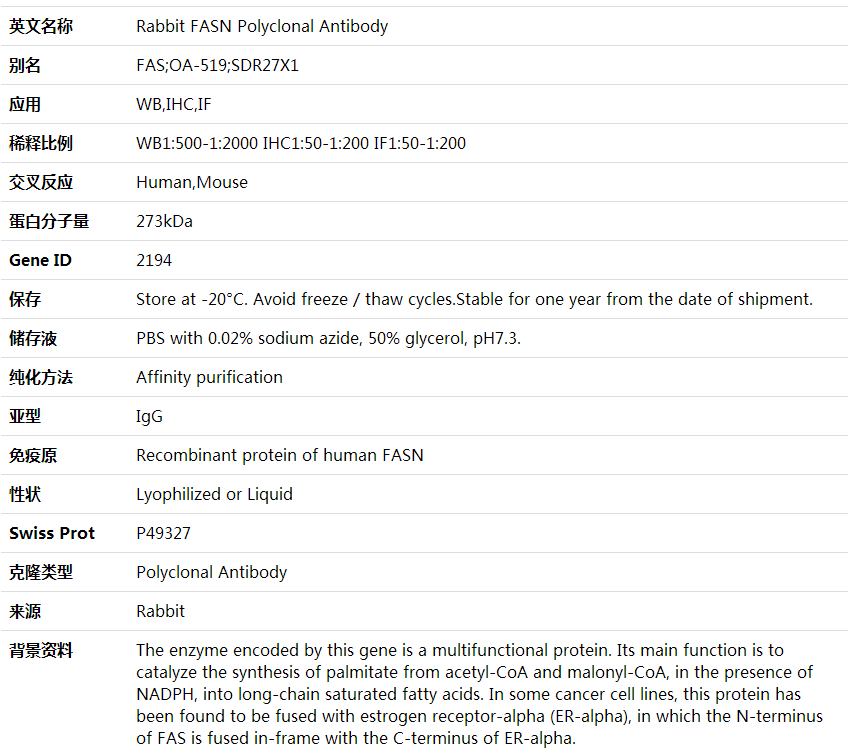 Anti-FASN Polyclonal Antibody,索莱宝,K001685P-100ul