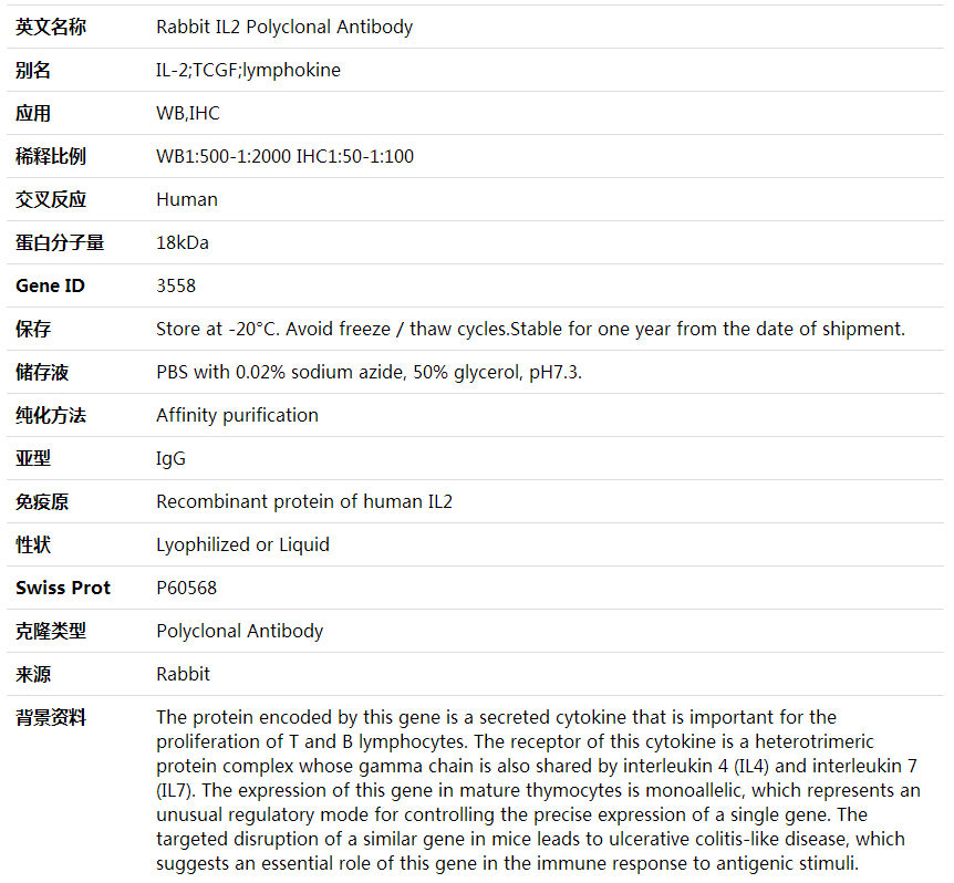 Anti-IL2 Polyclonal Antibody,索莱宝,K001670P-100ul