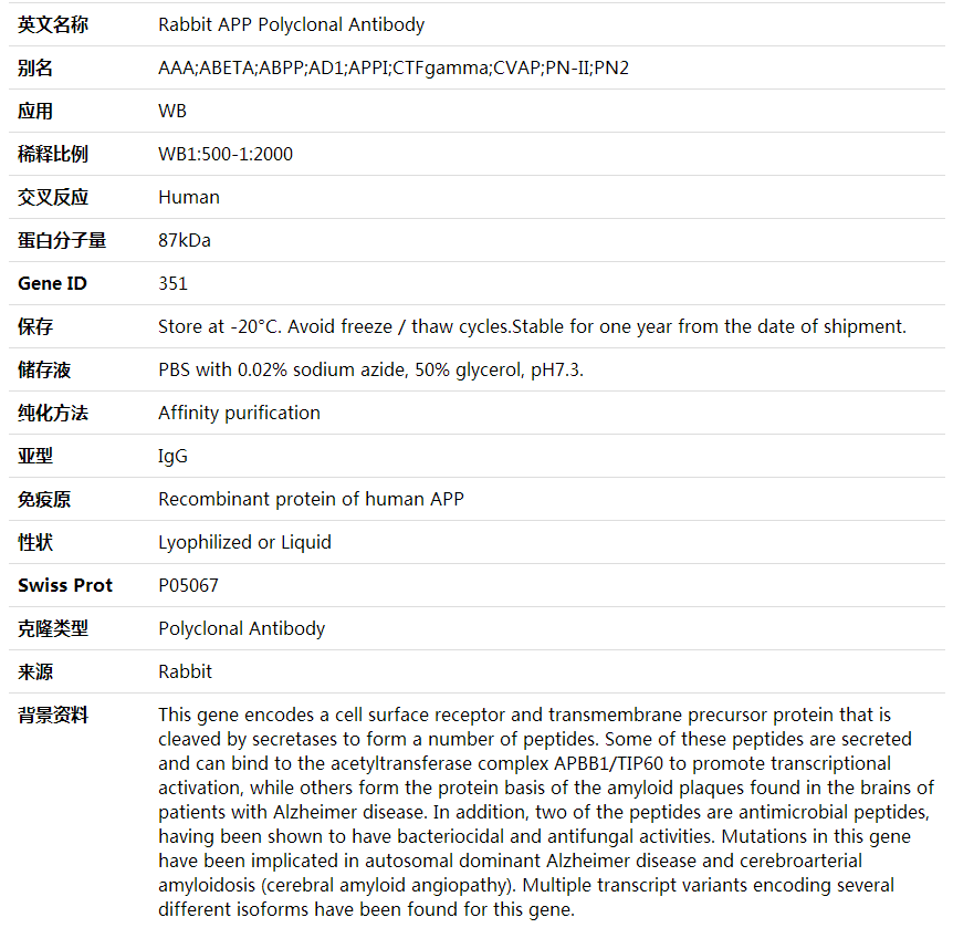 Anti-APP Polyclonal Antibody,索莱宝,K001592P-50ul