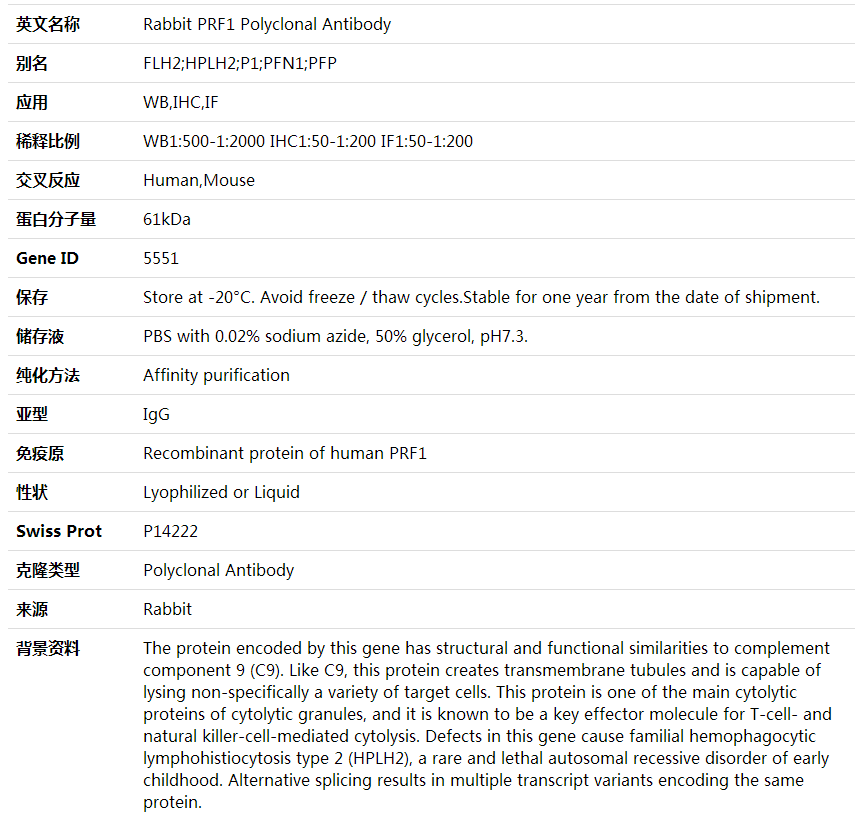 Anti-PRF1 Polyclonal Antibody,索莱宝,K001574P-100ul
