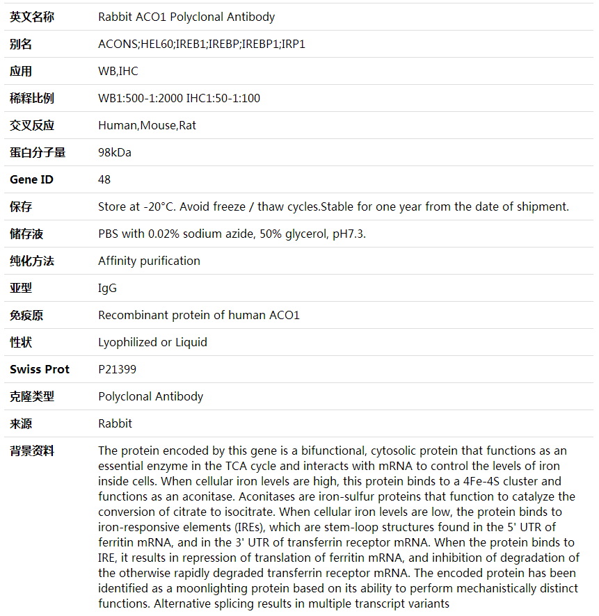 Anti-ACO1 Polyclonal Antibody,索莱宝,K000455P-100ul