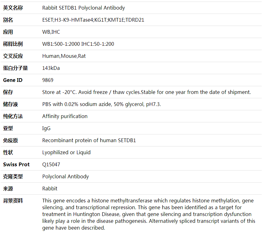 Anti-SETDB1 Polyclonal Antibody,索莱宝,K000422P-100ul