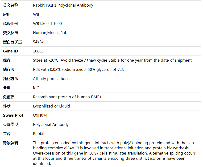 Anti-PAIP1 Polyclonal Antibody,索莱宝,K000411P-100ul