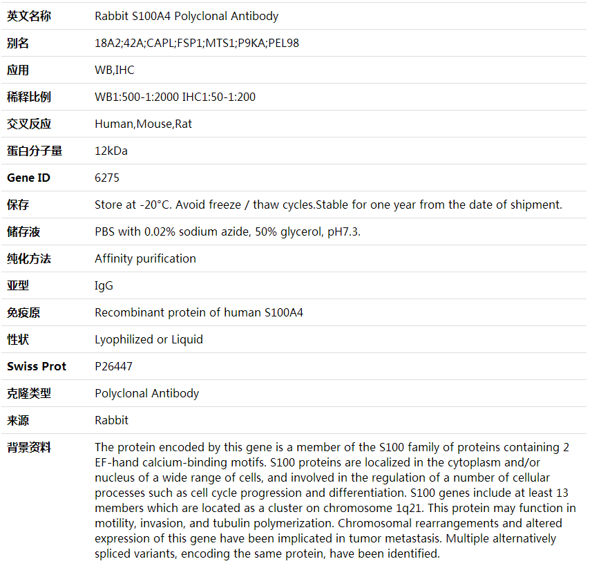 Anti-S100A4 Polyclonal Antibody,索莱宝,K000352P-100ul