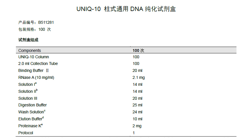 UNlQ-10 柱式通用 DNA 纯化试剂盒,生工,B511281-0100 100 PREPS
