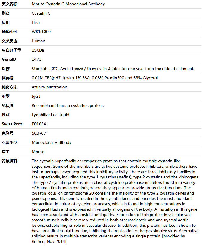 Cystatin C Antibody,索莱宝,K001428M-50ul