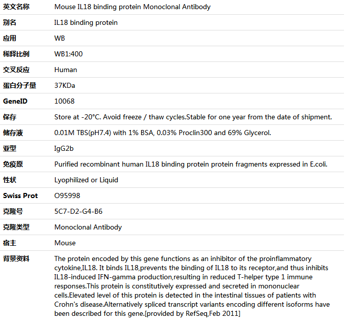 IL18 binding protein Antibody,索莱宝,K001424M-50ul