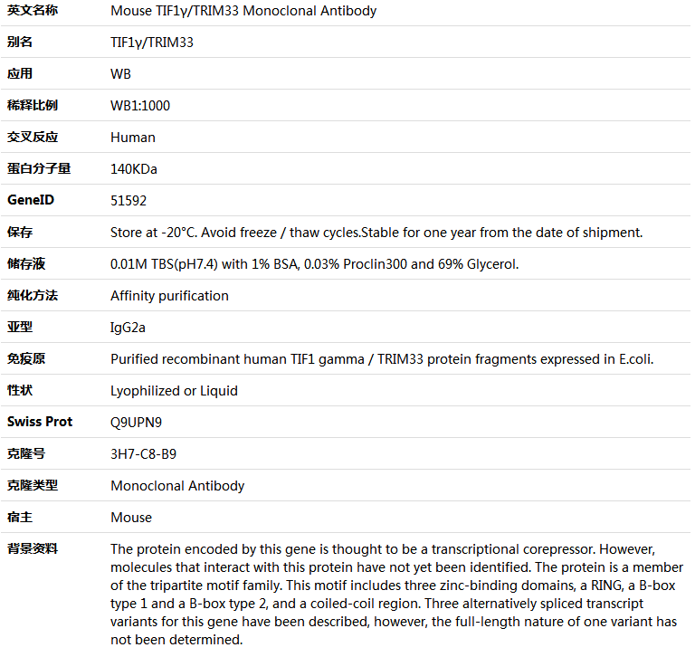 TIF1γ/TRIM33 Antibody,索莱宝,K001363M-100ul