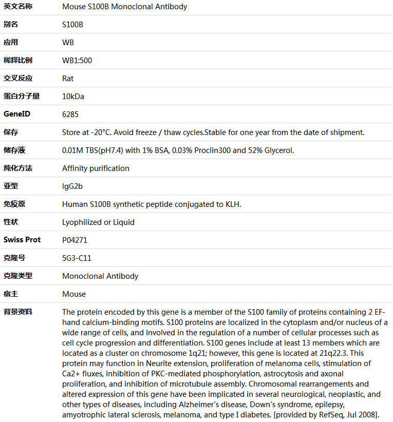 S100B Antibody,索莱宝,K000002M-50ul