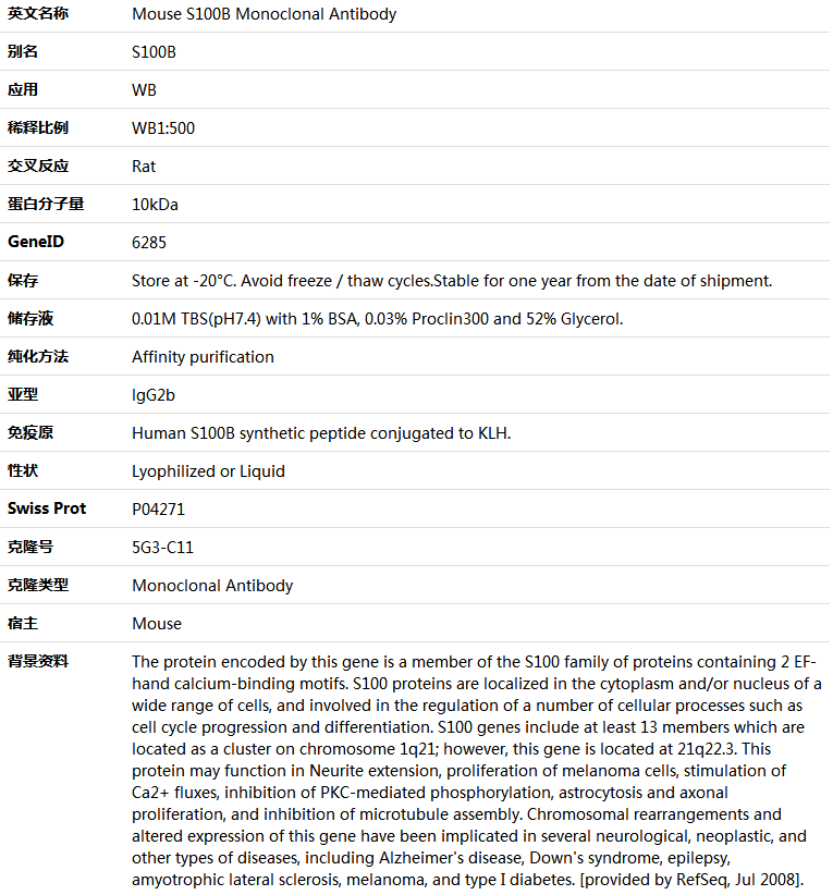 S100B Antibody,索莱宝,K000002M-100ul