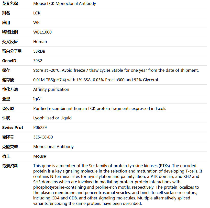 LCK Antibody,索莱宝,K000071M-50ul