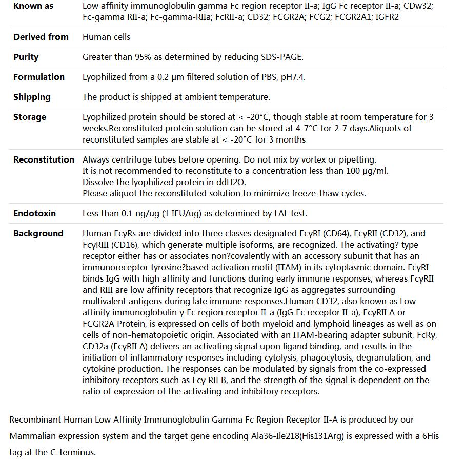 Recombinant Human Fc γ RIIa/FCGR2A/CD32a,索莱宝,P00232-1mg