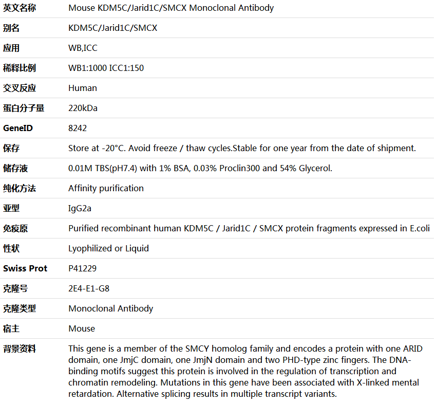 KDM5C/Jarid1C/SMCX Antibody,索莱宝,K000004M-100ul