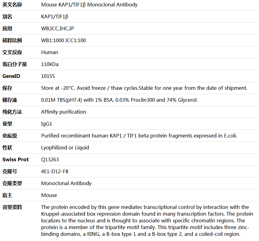 KAP1/TIF1β Antibody,索莱宝,K000020M-100ul