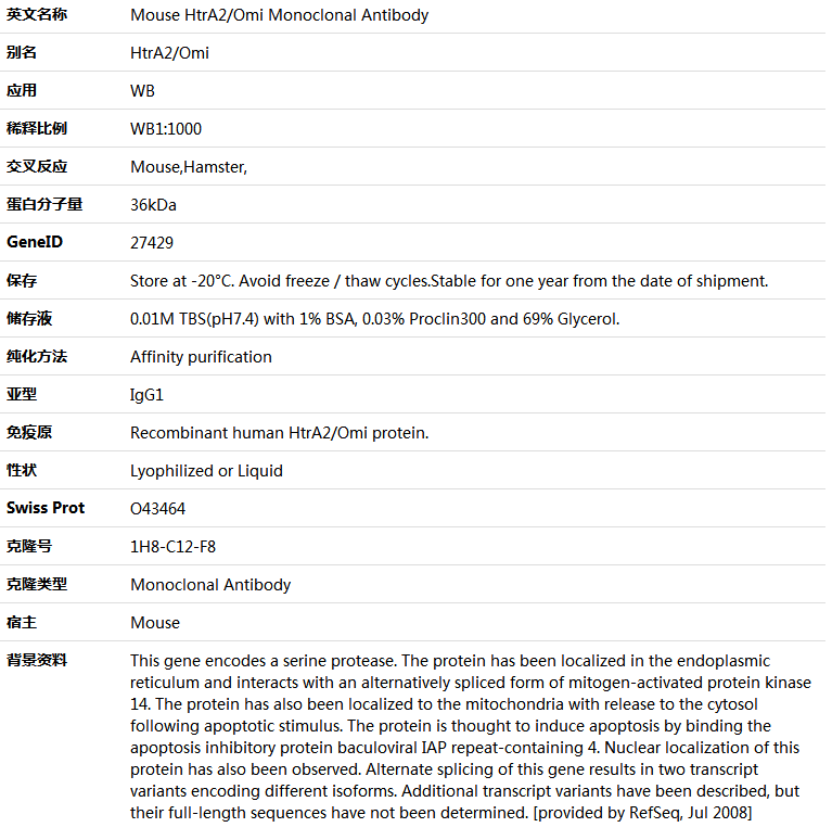 HtrA2/Omi Antibody,索莱宝,K000128M-50ul