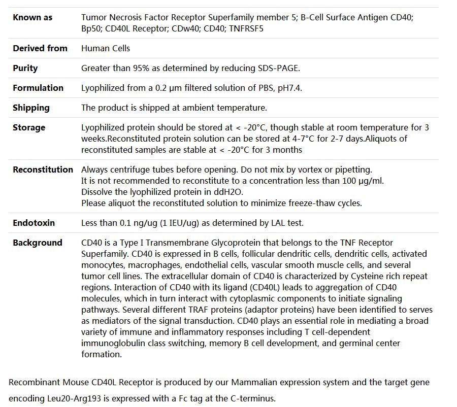 Recombinant Mouse CD40/TNFRSF5/CD40L Receptor,索莱宝,P00212-50ug