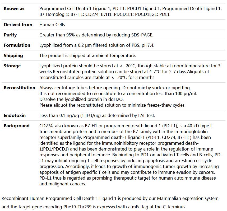 Recombinant Human PD-L1/B7-H1/CD274 (C-mFc),索莱宝,P00211-50ug