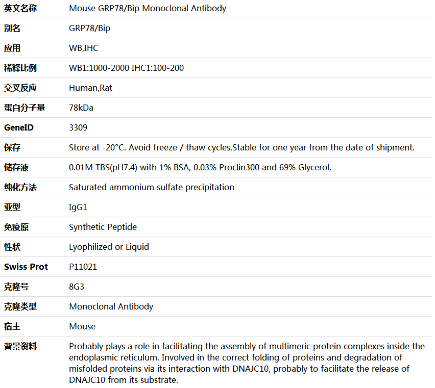 GRP78/Bip Antibody,索莱宝,K000234M-100ul