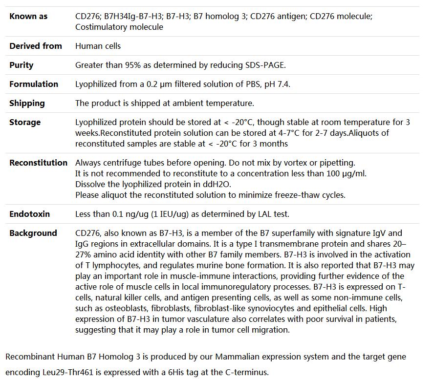 Recombinant Human B7-H3/CD276,索莱宝,P00205-10ug