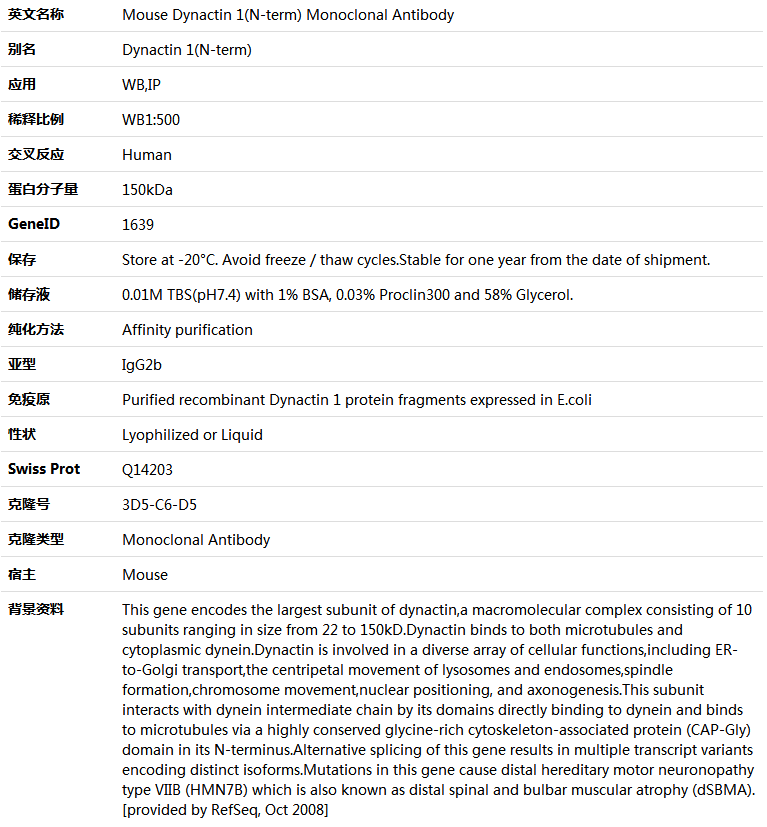 Dynactin 1(N-term) Antibody,索莱宝,K000007M-50ul