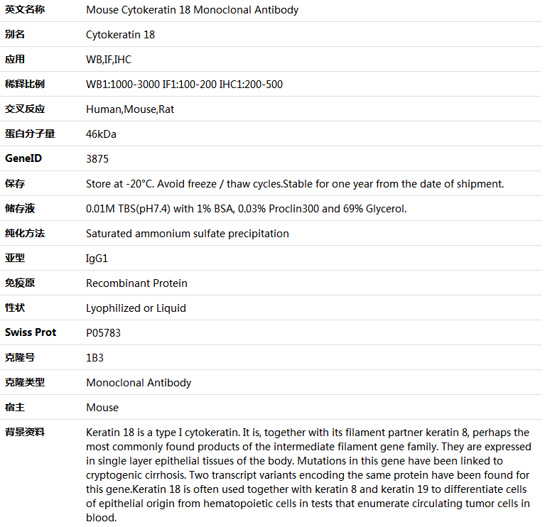 Cytokeratin 18 Antibody,索莱宝,K000209M-100ul