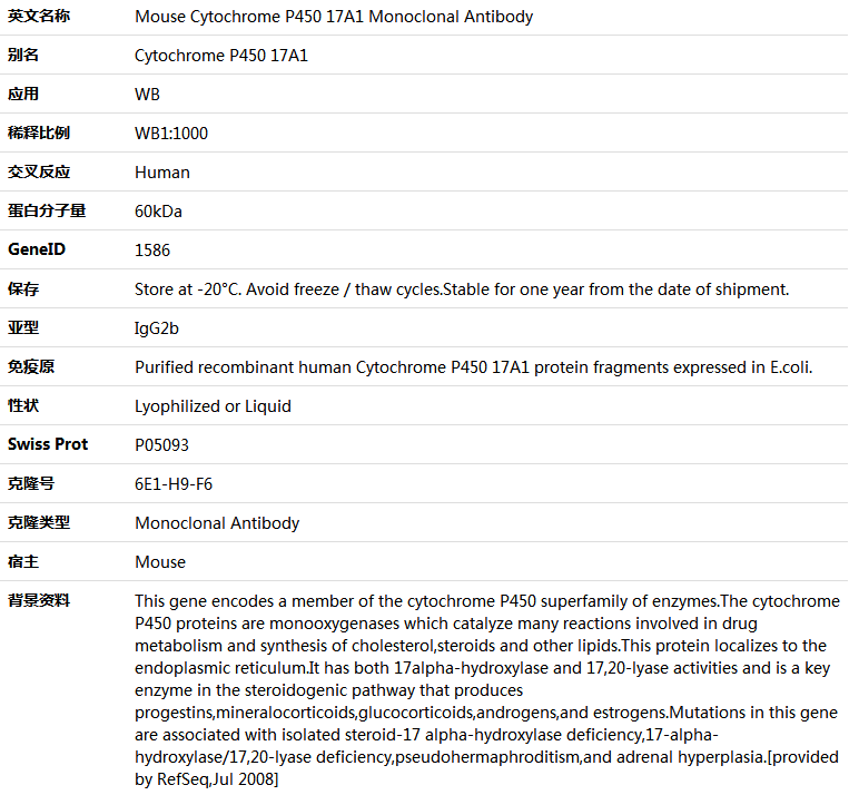 Cytochrome P450 17A1 Antibody,索莱宝,K000082M-50ul