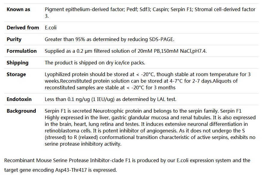Recombinant Mouse Serpin F1/Pigment epithelium-derived factor/PEDF,索莱宝,P00161-10ug