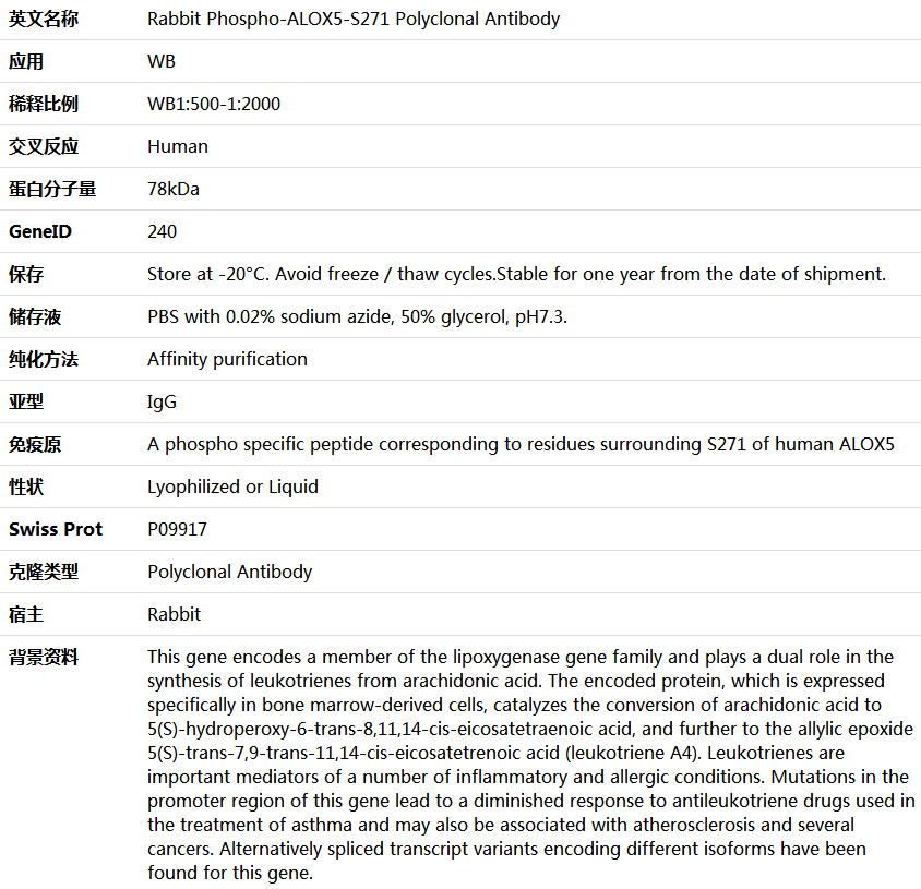 Phospho-ALOX5-S271 Antibody,索莱宝,K006242P-50ul