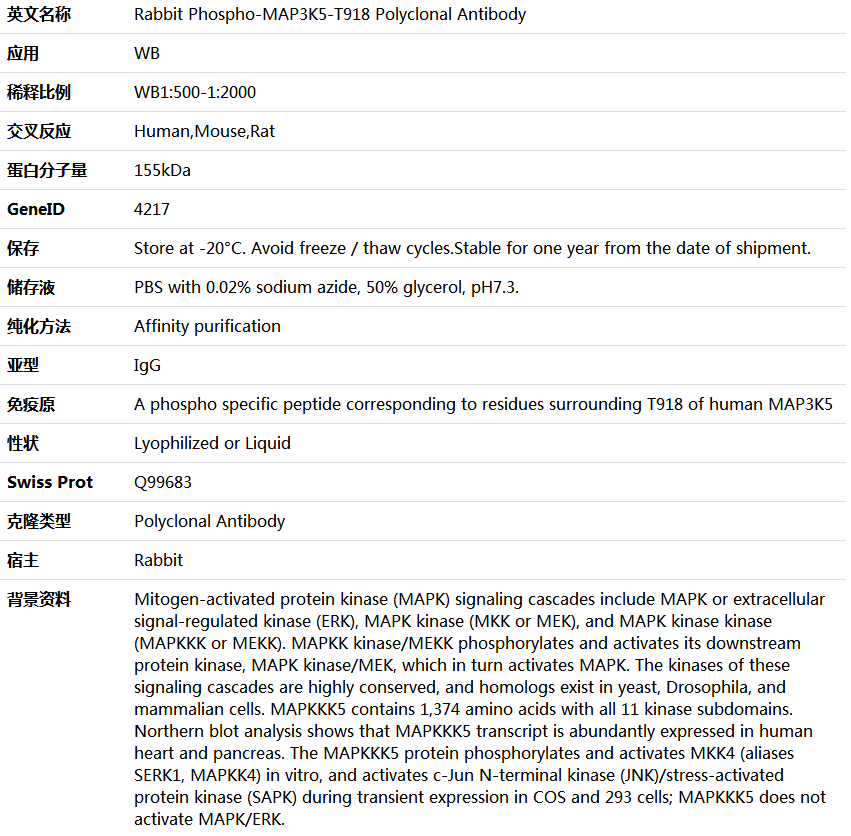 Phospho-MAP3K5-T918 Antibody,索莱宝,K006190P-50ul