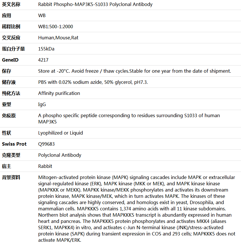 Phospho-MAP3K5-S1033 Antibody,索莱宝,K006189P-100ul